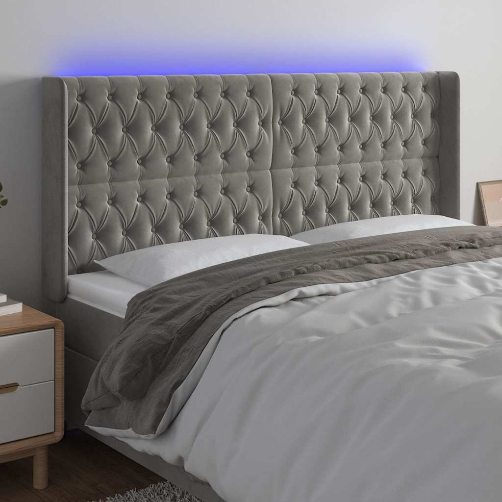 vidaXL LED горна табла за легло светлосива 183x16x118/128 см кадифе