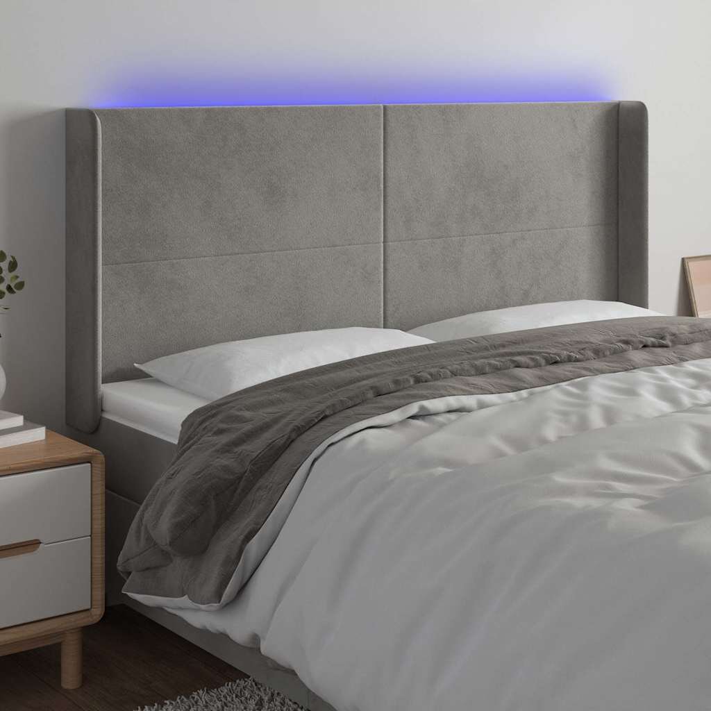 vidaXL LED горна табла за легло светлосива 183x16x118/128 см кадифе