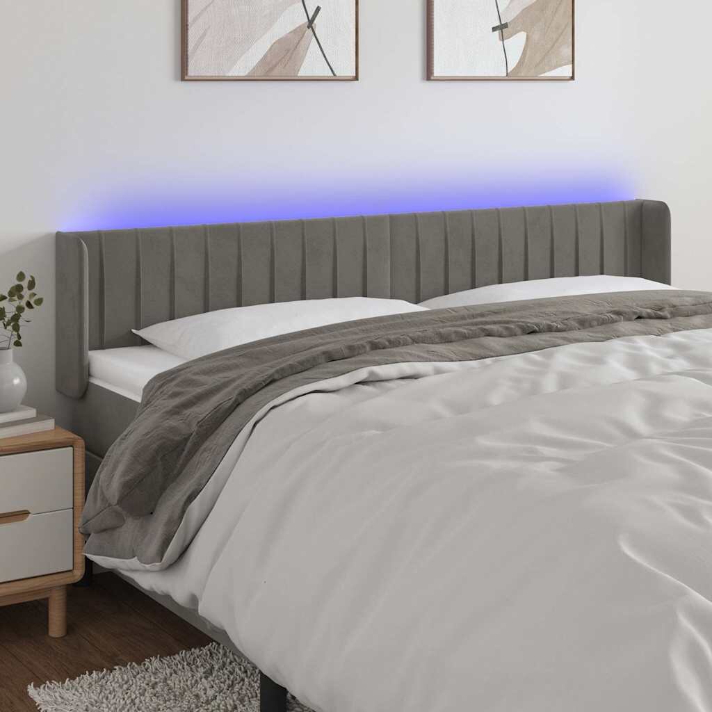 vidaXL LED горна табла за легло светлосива 203x16x78/88 см кадифе