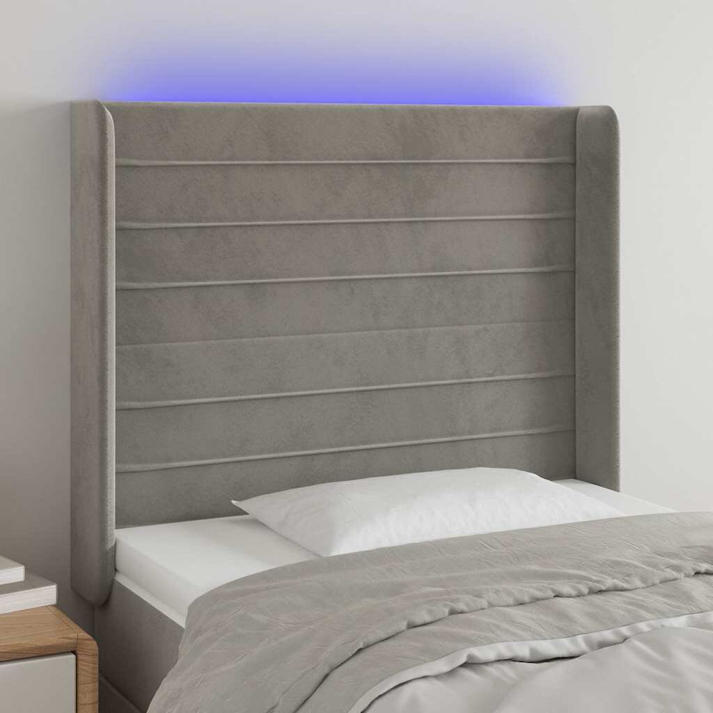vidaXL LED горна табла за легло светлосива 83x16x118/128 см кадифе