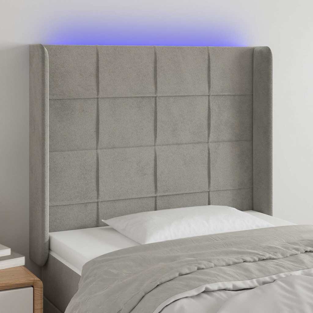 vidaXL LED горна табла за легло светлосива 93x16x118/128 см кадифе
