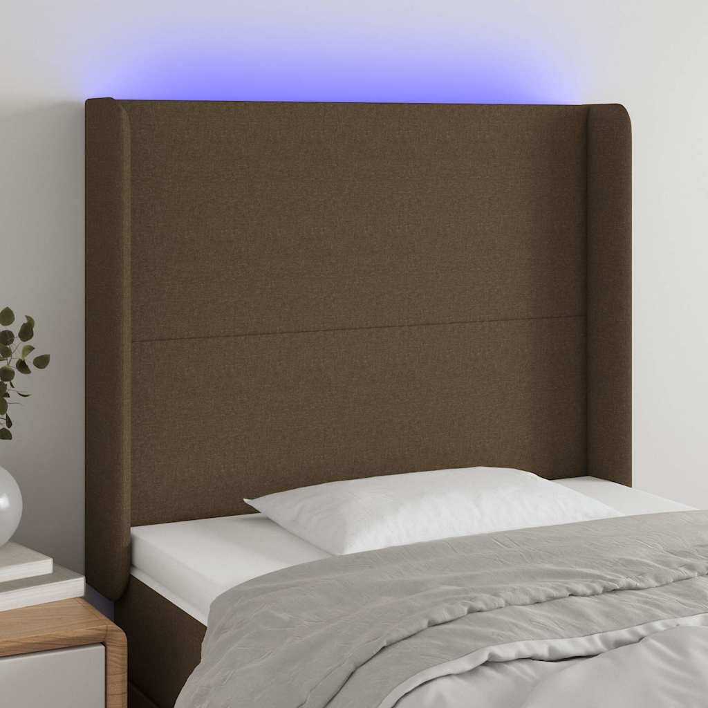 vidaXL LED горна табла за легло тъмнокафява103x16x118/128 см плат