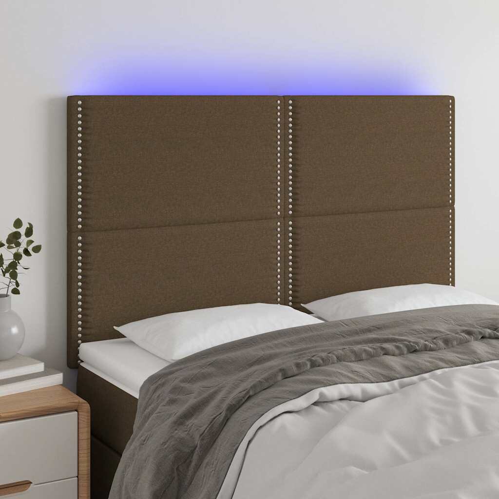 vidaXL LED горна табла за легло тъмнокафява144x5x118/128 см плат