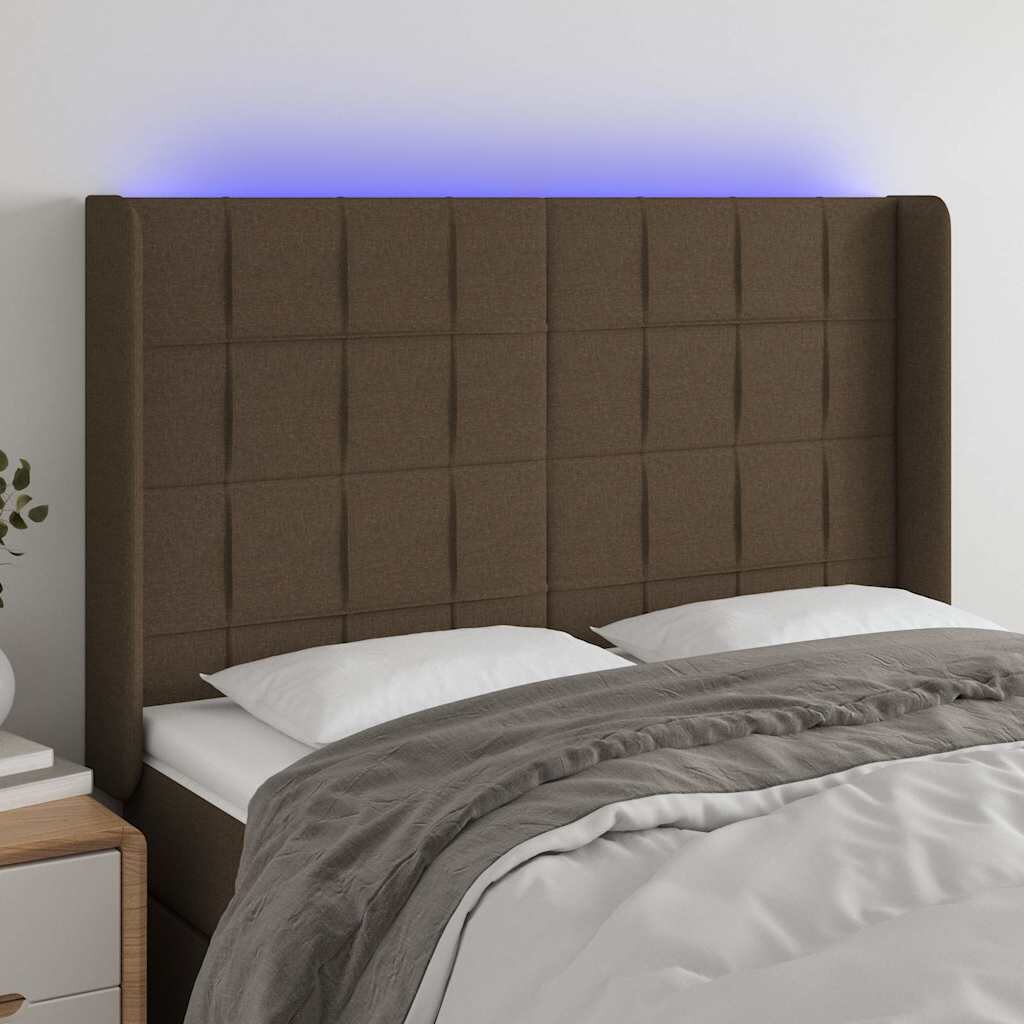vidaXL LED горна табла за легло тъмнокафява147x16x118/128 см плат