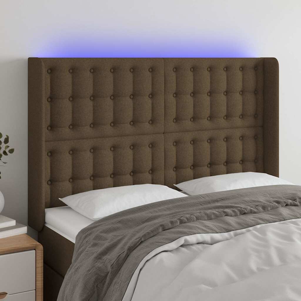 vidaXL LED горна табла за легло тъмнокафява147x16x118/128 см плат