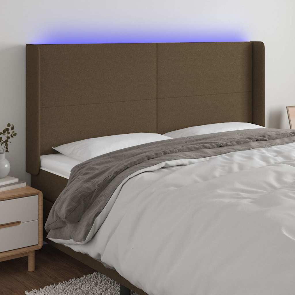 vidaXL LED горна табла за легло тъмнокафява163x16x118/128 см плат