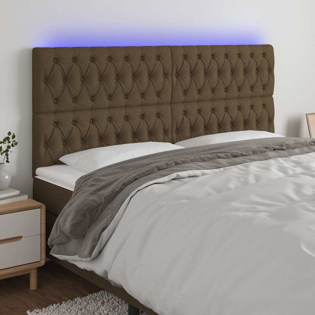 vidaXL LED горна табла за легло тъмнокафява180x7x118/128 см плат