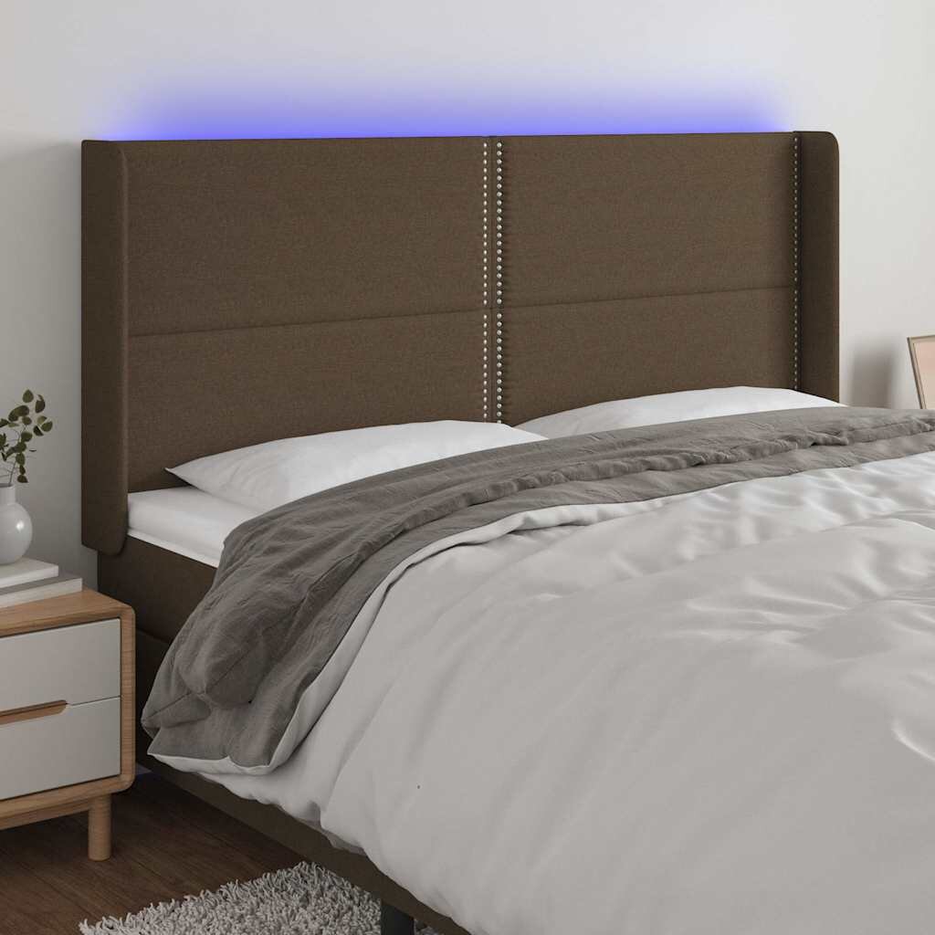 vidaXL LED горна табла за легло тъмнокафява183x16x118/128 см плат