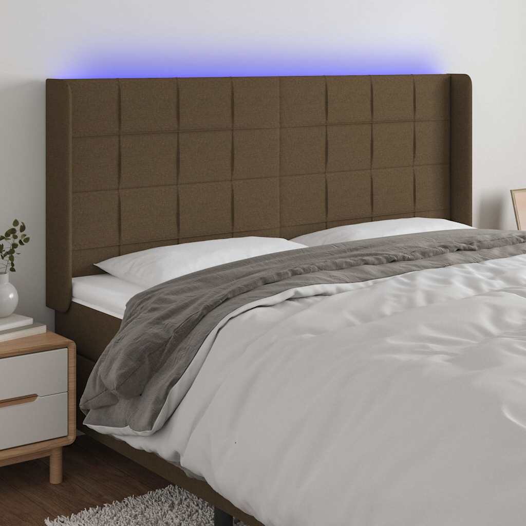 vidaXL LED горна табла за легло тъмнокафява203x16x118/128 см плат