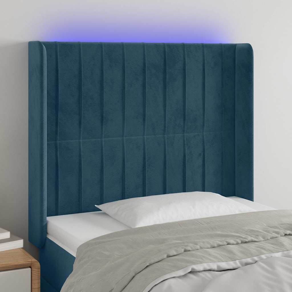 vidaXL LED горна табла за легло тъмносиня 103x16x118/128 см кадифе