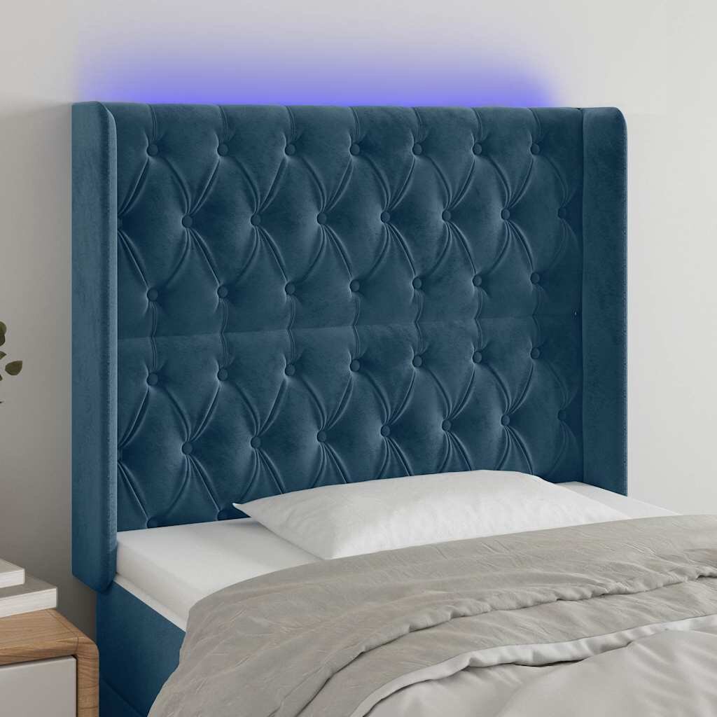 vidaXL LED горна табла за легло тъмносиня 103x16x118/128 см кадифе