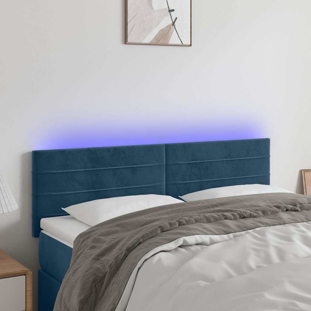 vidaXL LED горна табла за легло тъмносиня 144x5x78/88 см кадифе