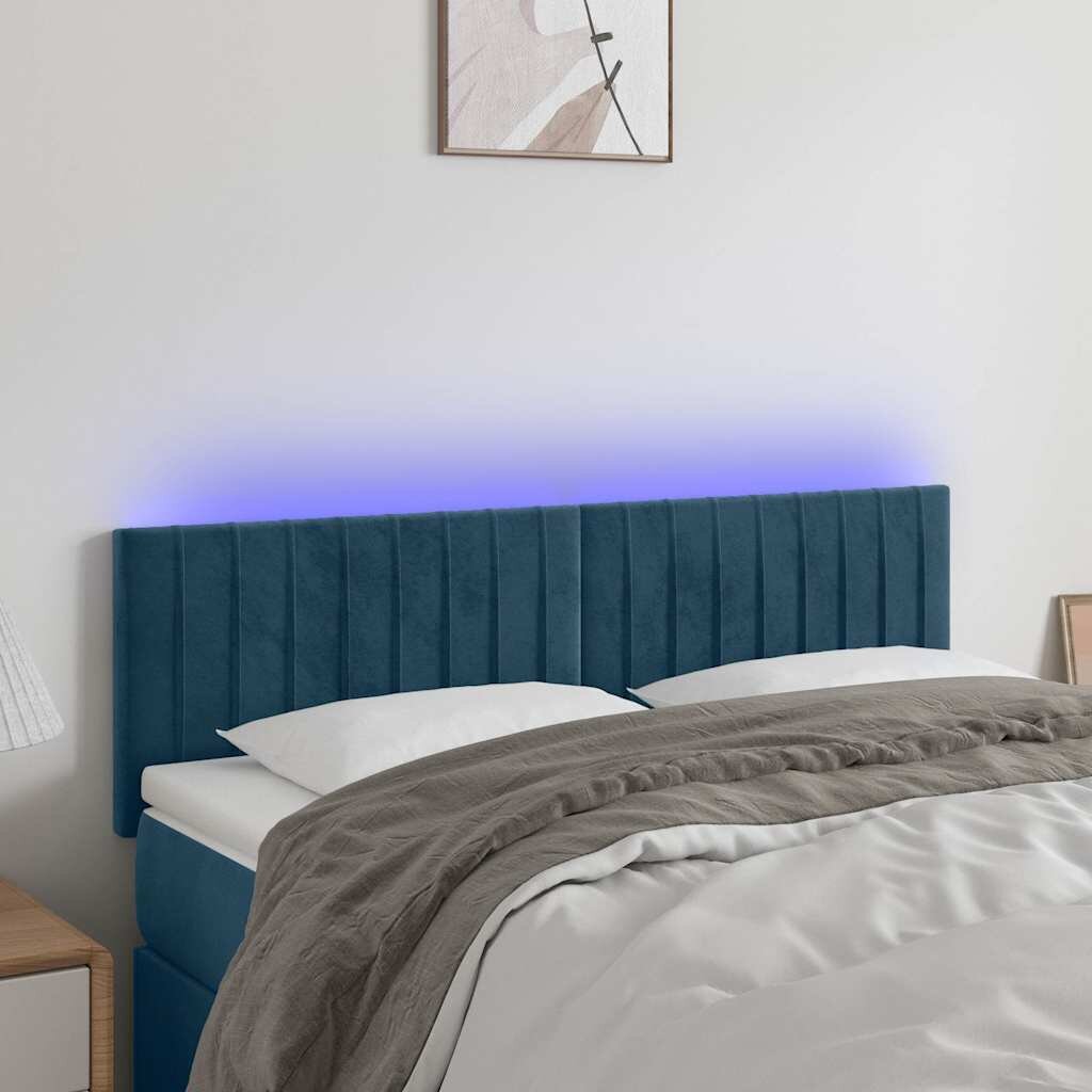 vidaXL LED горна табла за легло тъмносиня 144x5x78/88 см кадифе