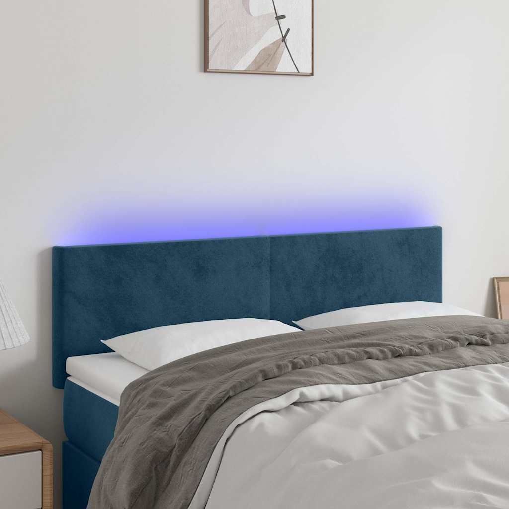 vidaXL LED горна табла за легло тъмносиня 144x5x78/88 см кадифе