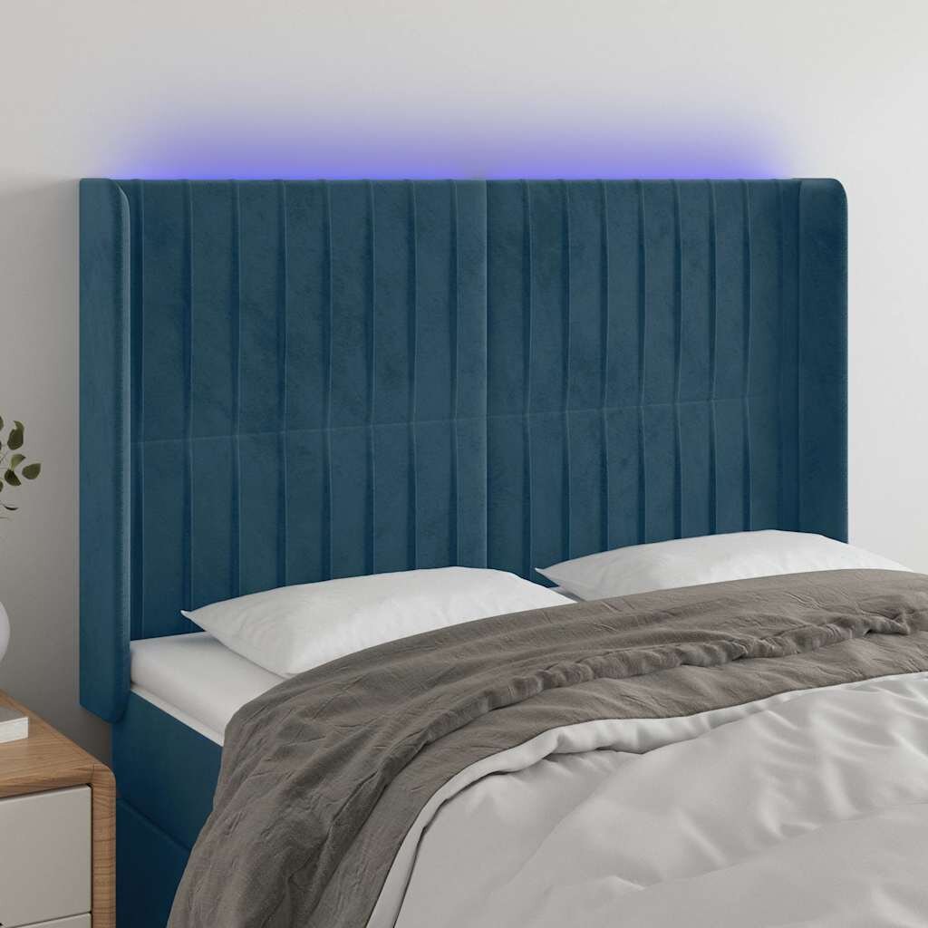 vidaXL LED горна табла за легло тъмносиня 147x16x118/128 см кадифе