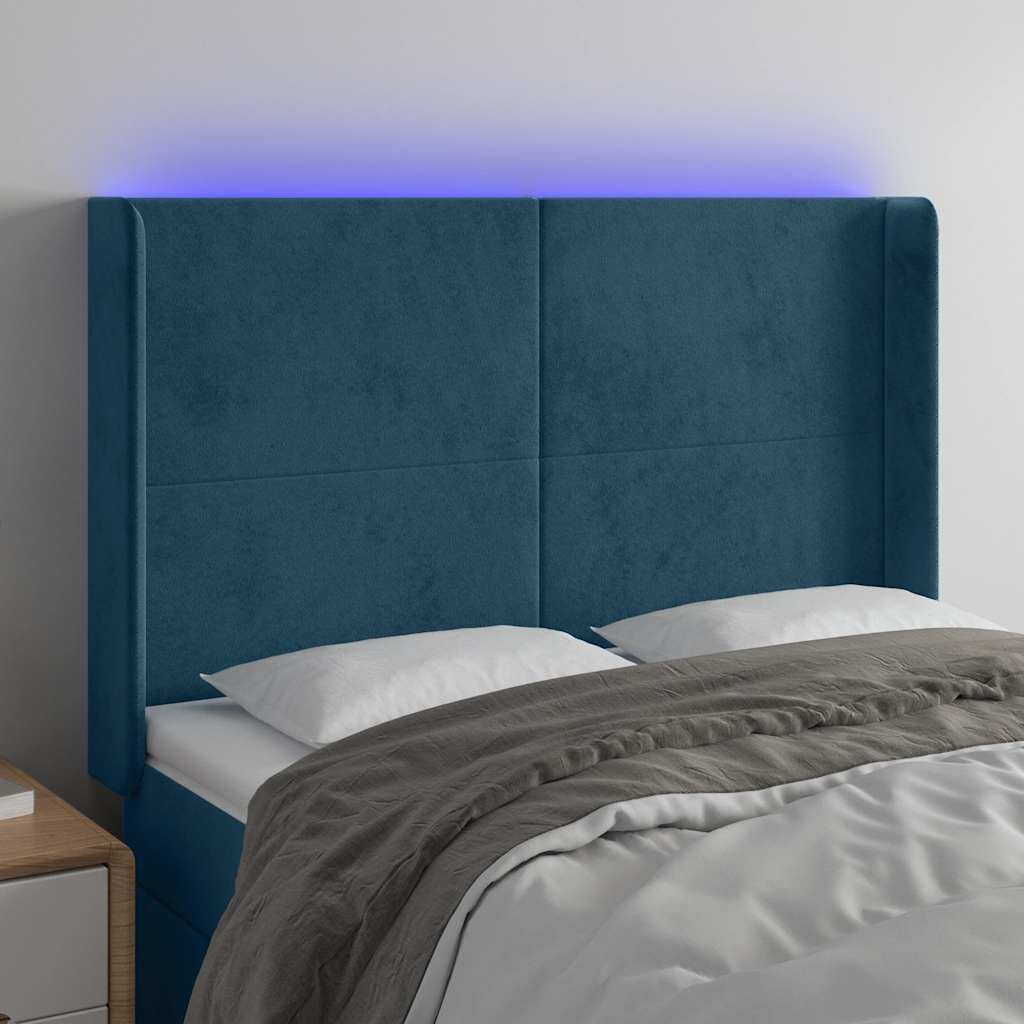 vidaXL LED горна табла за легло тъмносиня 147x16x118/128 см кадифе