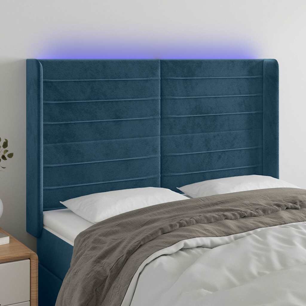 vidaXL LED горна табла за легло тъмносиня 147x16x118/128 см кадифе