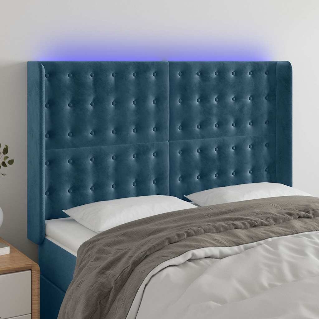 vidaXL LED горна табла за легло тъмносиня 147x16x118/128 см кадифе