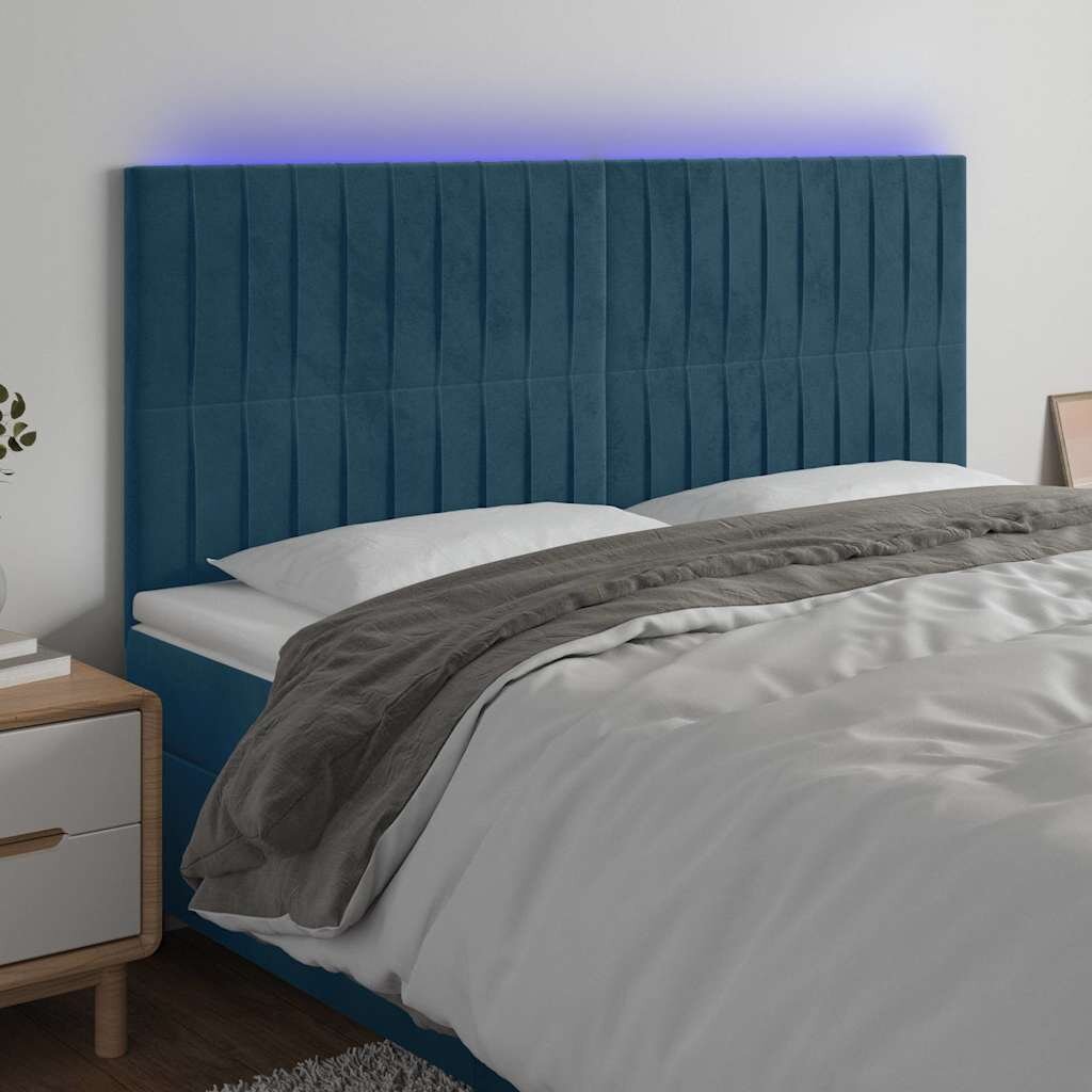 vidaXL LED горна табла за легло тъмносиня 160x5x118/128 см кадифе