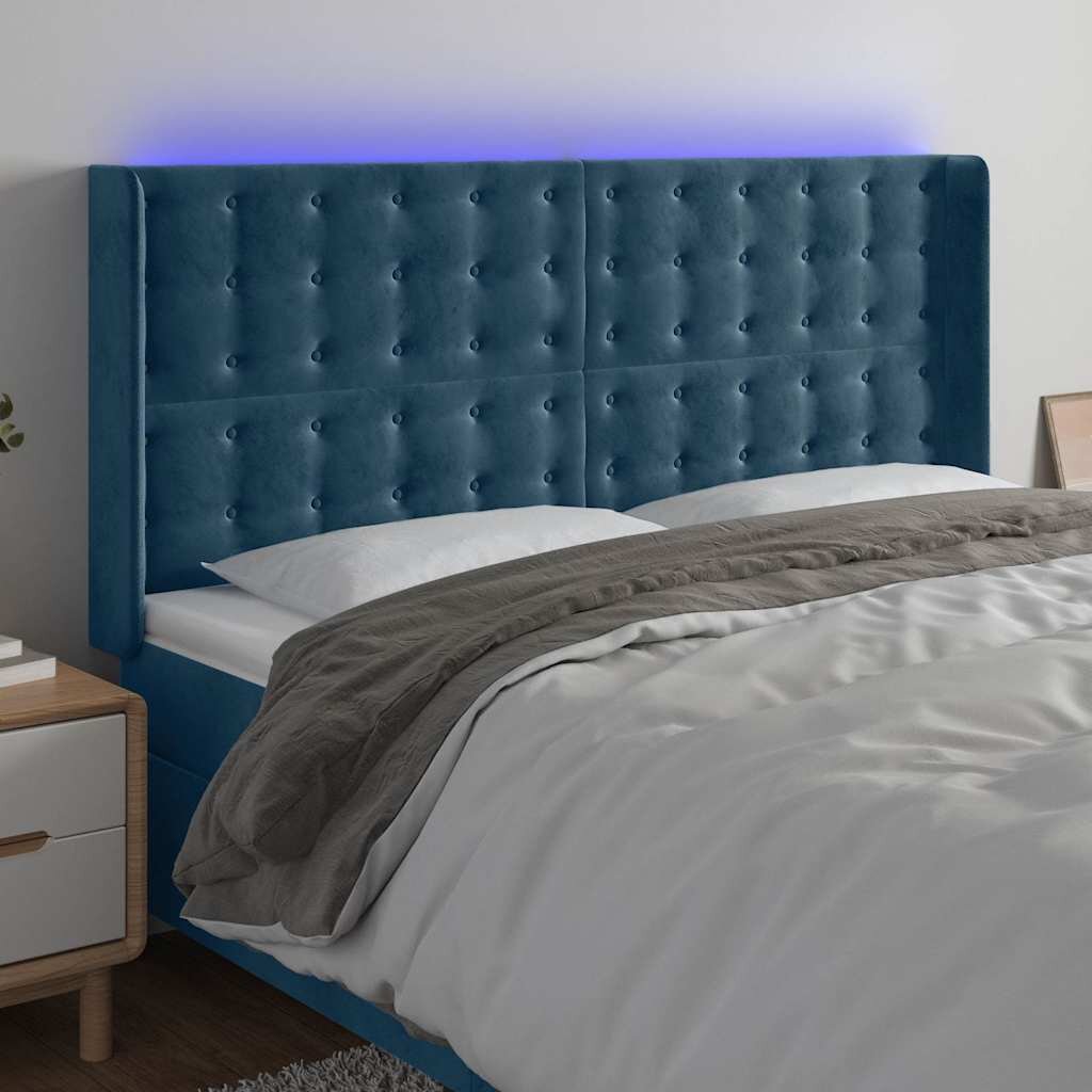 vidaXL LED горна табла за легло тъмносиня 163x16x118/128 см кадифе