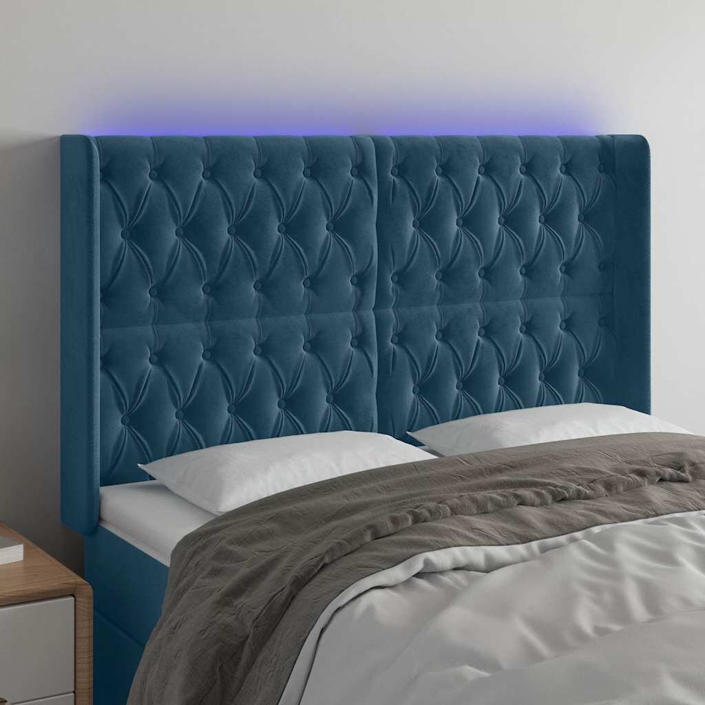 vidaXL LED горна табла за легло тъмносиня 163x16x118/128 см кадифе