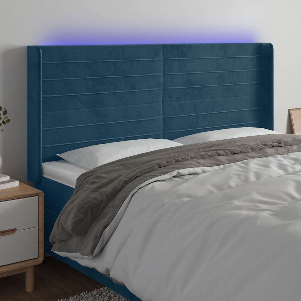 vidaXL LED горна табла за легло тъмносиня 183x16x118/128 см кадифе