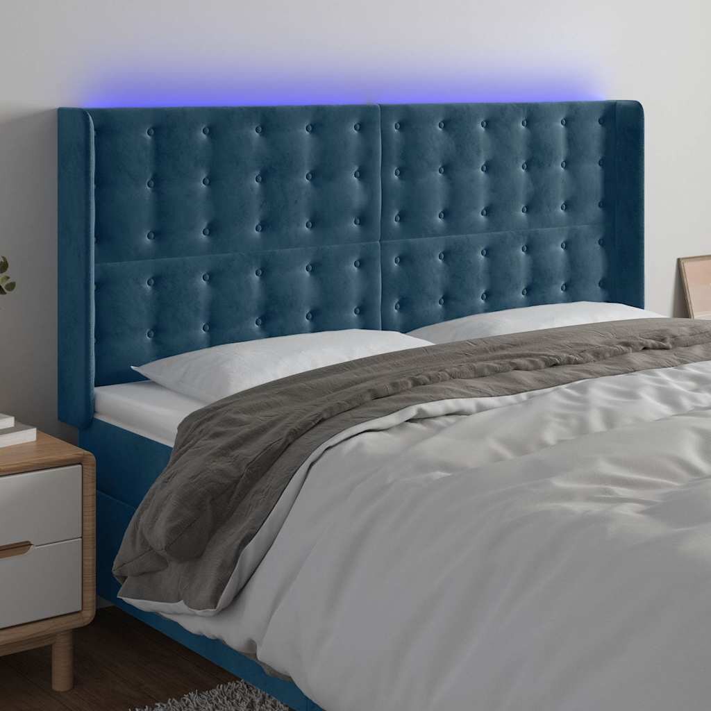 vidaXL LED горна табла за легло тъмносиня 183x16x118/128 см кадифе