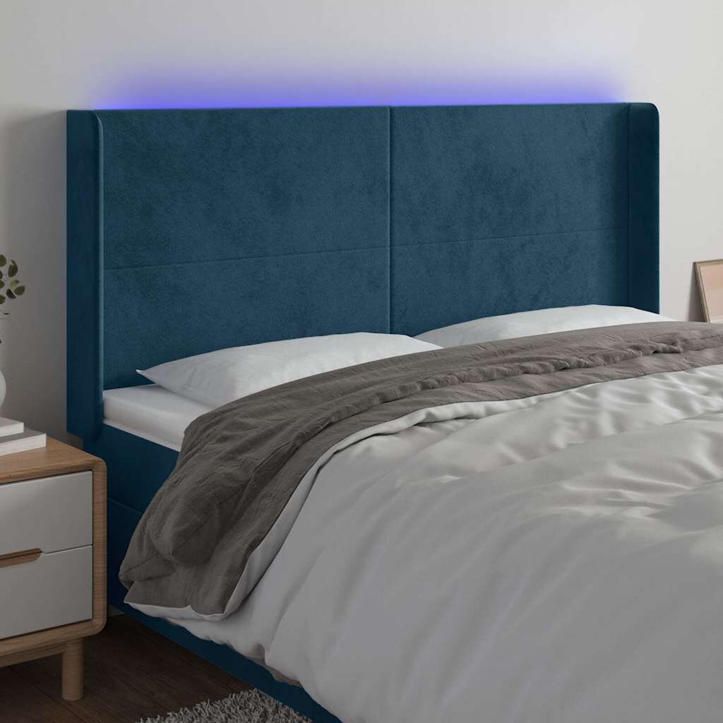 vidaXL LED горна табла за легло тъмносиня 183x16x118/128 см кадифе