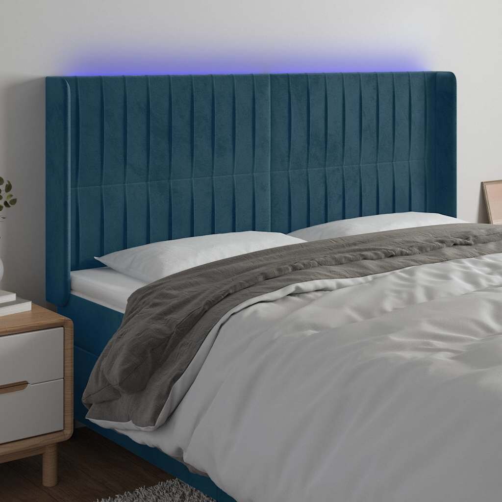 vidaXL LED горна табла за легло тъмносиня 203x16x118/128 см кадифе