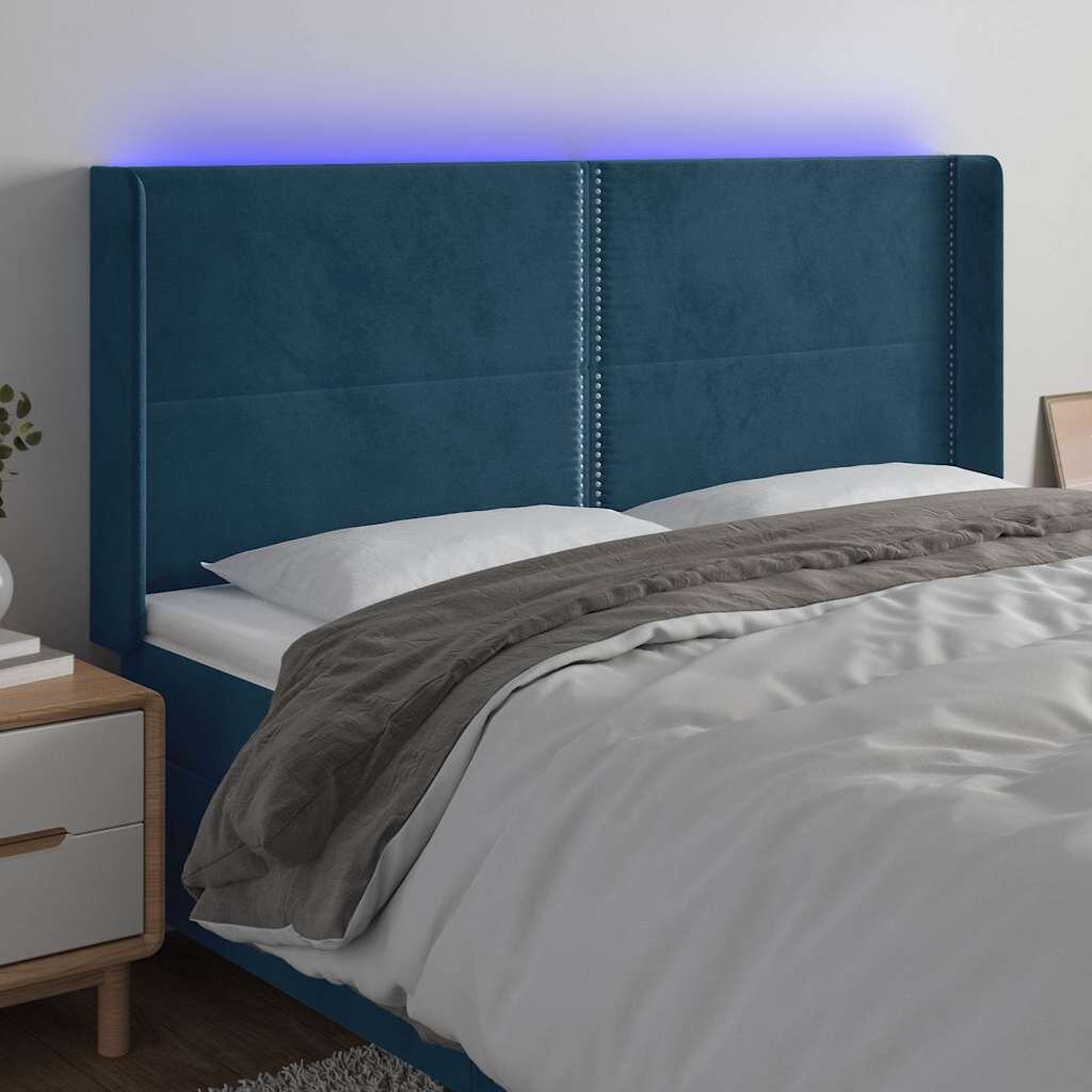 vidaXL LED горна табла за легло тъмносиня 203x16x118/128 см кадифе