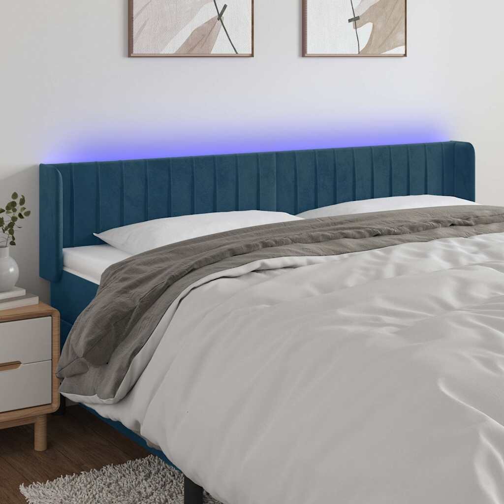 vidaXL LED горна табла за легло тъмносиня 203x16x78/88 см кадифе