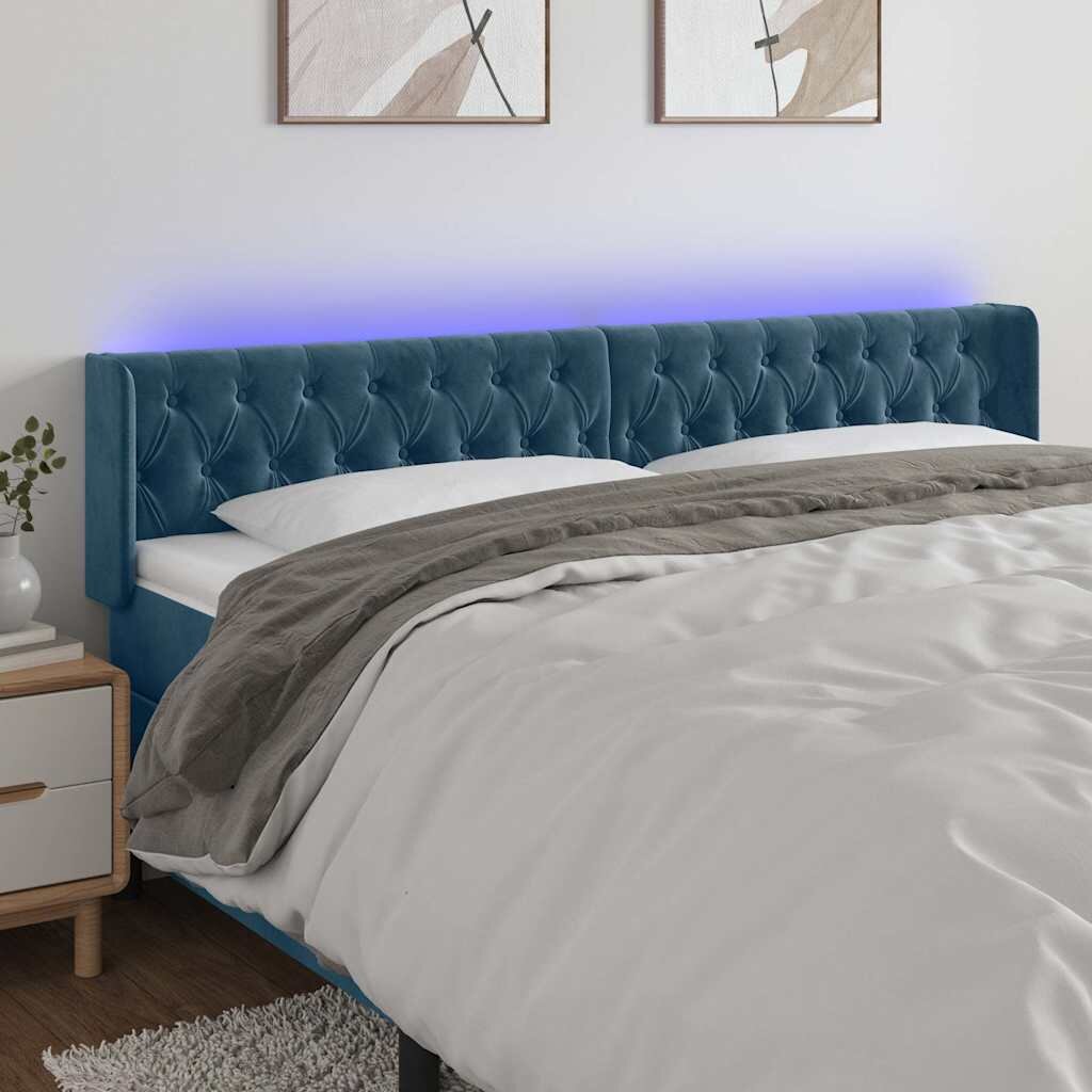 vidaXL LED горна табла за легло тъмносиня 203x16x78/88 см кадифе
