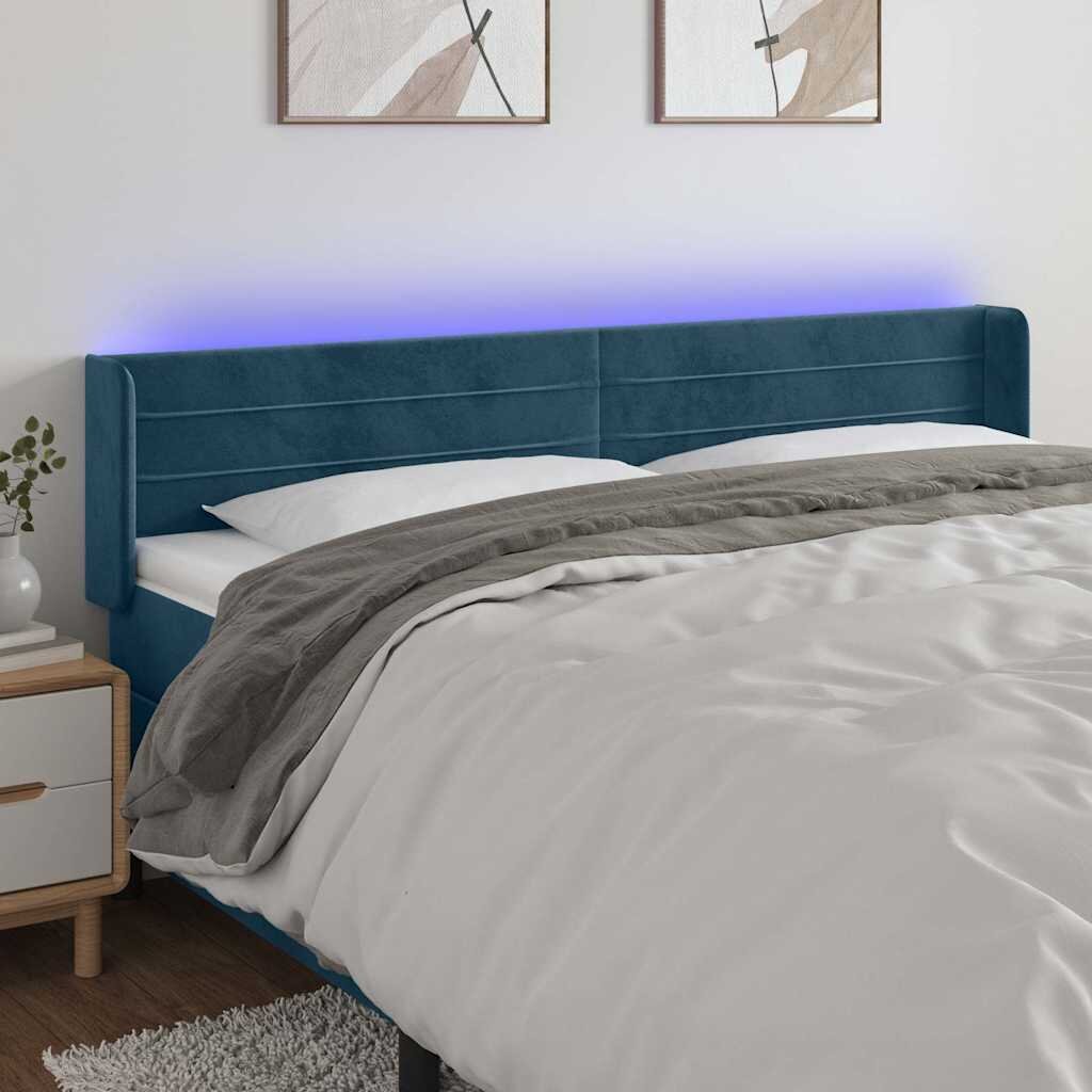 vidaXL LED горна табла за легло тъмносиня 203x16x78/88 см кадифе