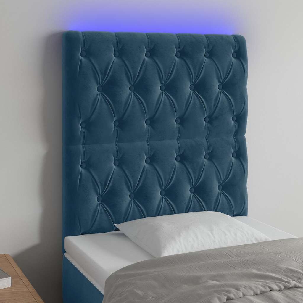 vidaXL LED горна табла за легло тъмносиня 80x7x118/128 см кадифе