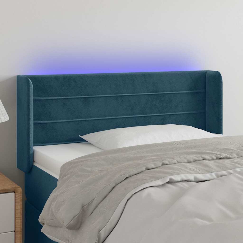 vidaXL LED горна табла за легло тъмносиня 83x16x78/88 см кадифе