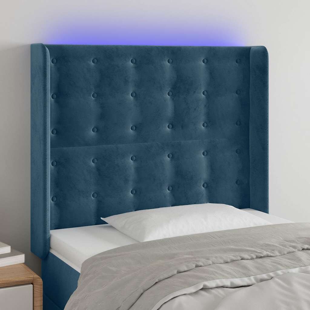 vidaXL LED горна табла за легло тъмносиня 93x16x118/128 см кадифе
