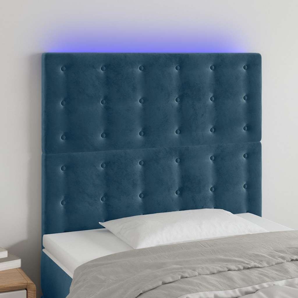 vidaXL LED горна табла за легло тъмносиня100x5x118/128 см кадифе