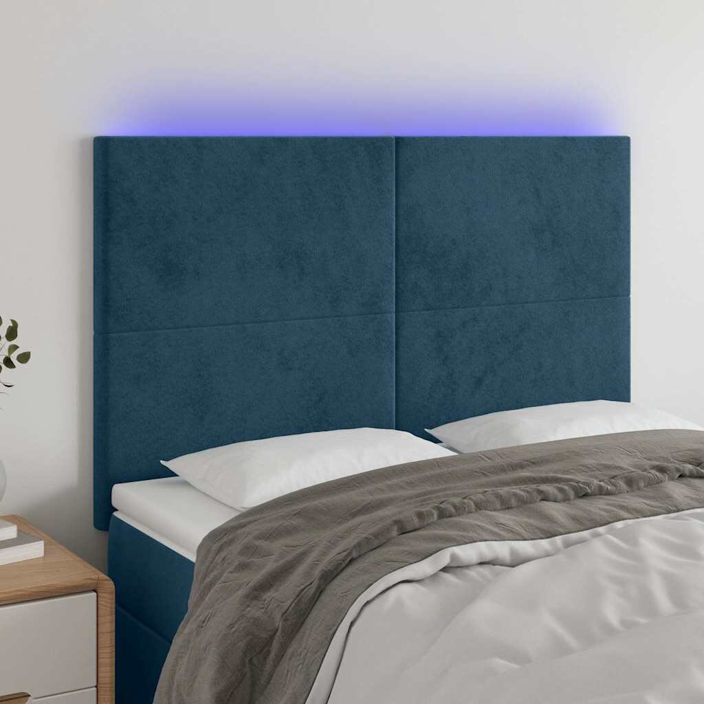 vidaXL LED горна табла за легло тъмносиня144x5x118/128 см кадифе
