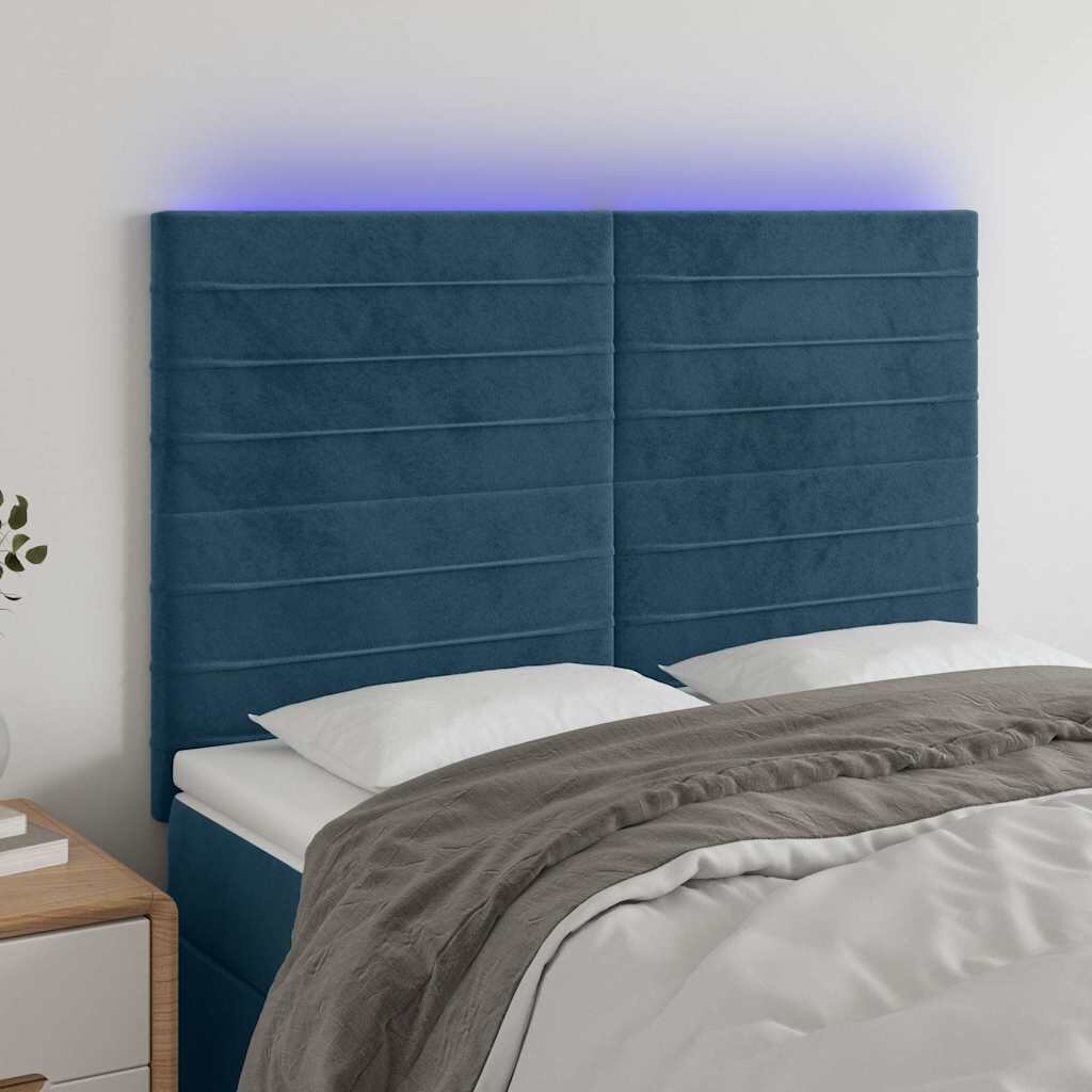 vidaXL LED горна табла за легло тъмносиня144x5x118/128 см кадифе