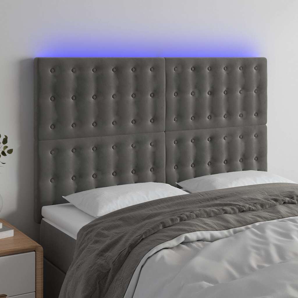 vidaXL LED горна табла за легло тъмносива 144x5x118/128 см кадифе
