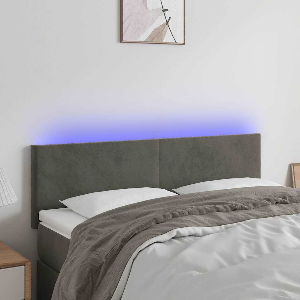 vidaXL LED горна табла за легло тъмносива 144x5x78/88 см кадифе