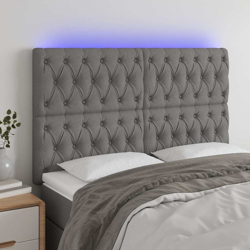 vidaXL LED горна табла за легло тъмносива 144x7x118/128 см плат