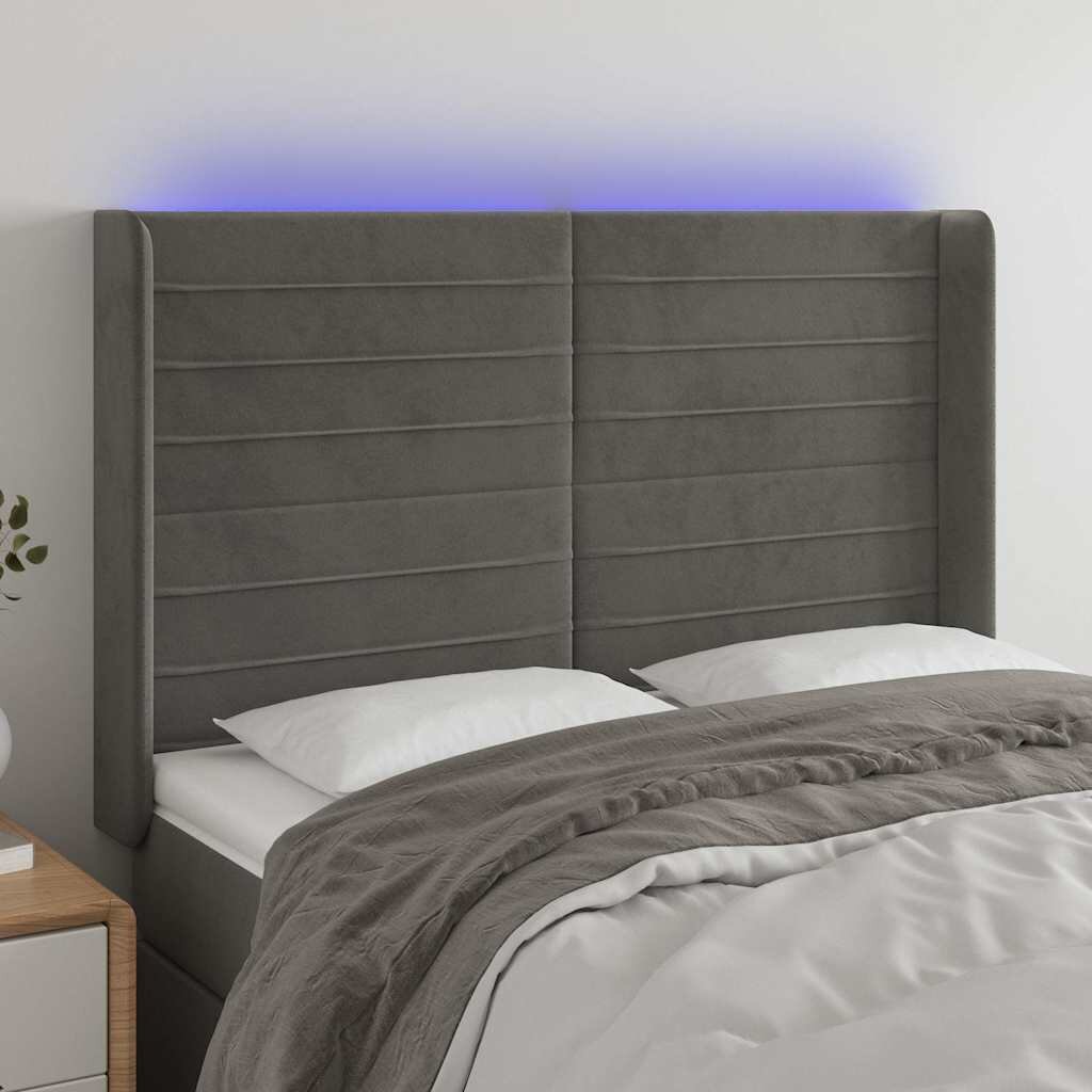 vidaXL LED горна табла за легло тъмносива 147x16x118/128 см кадифе
