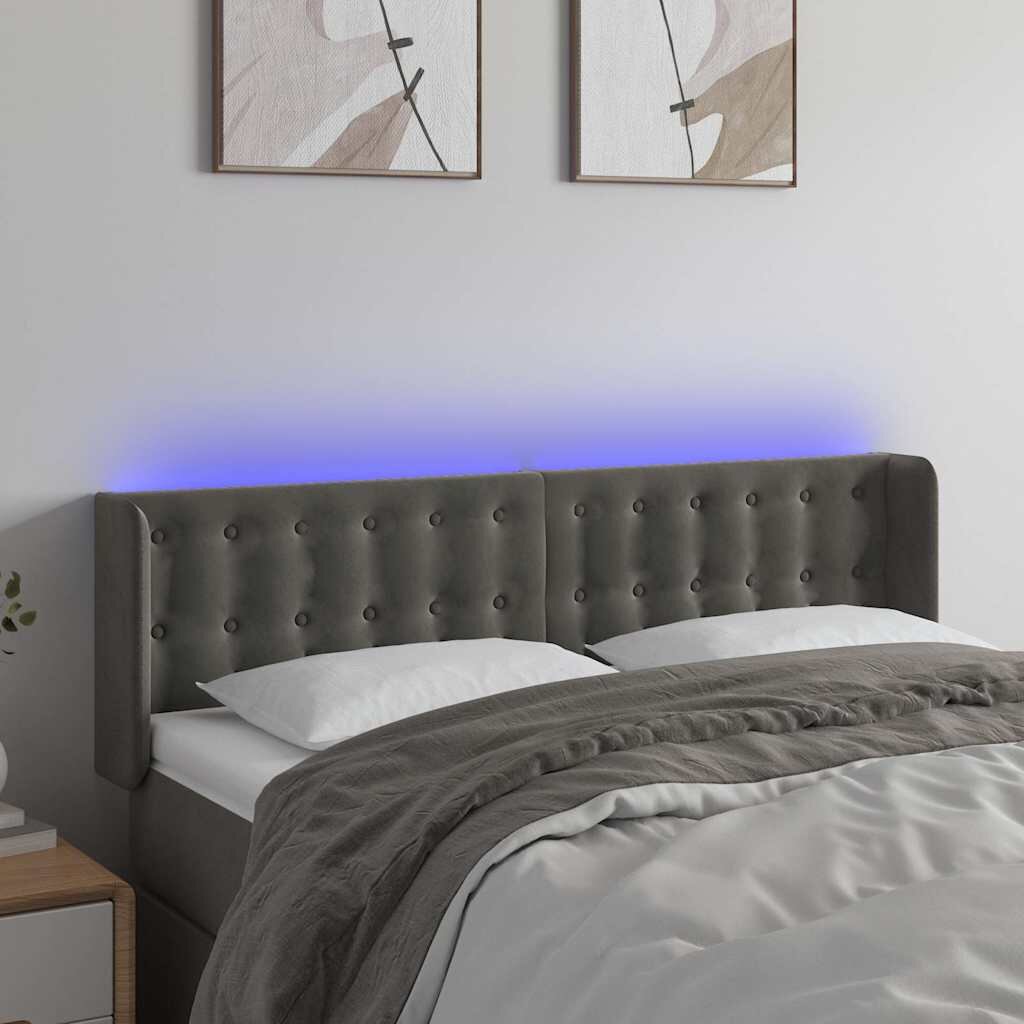 vidaXL LED горна табла за легло тъмносива 147x16x78/88 см кадифе