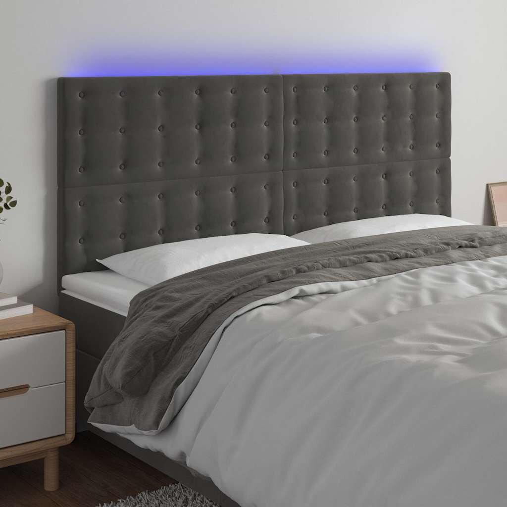 vidaXL LED горна табла за легло тъмносива 160x5x118/128 см кадифе