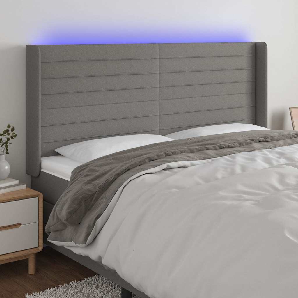 vidaXL LED горна табла за легло тъмносива 163x16x118/128 см плат