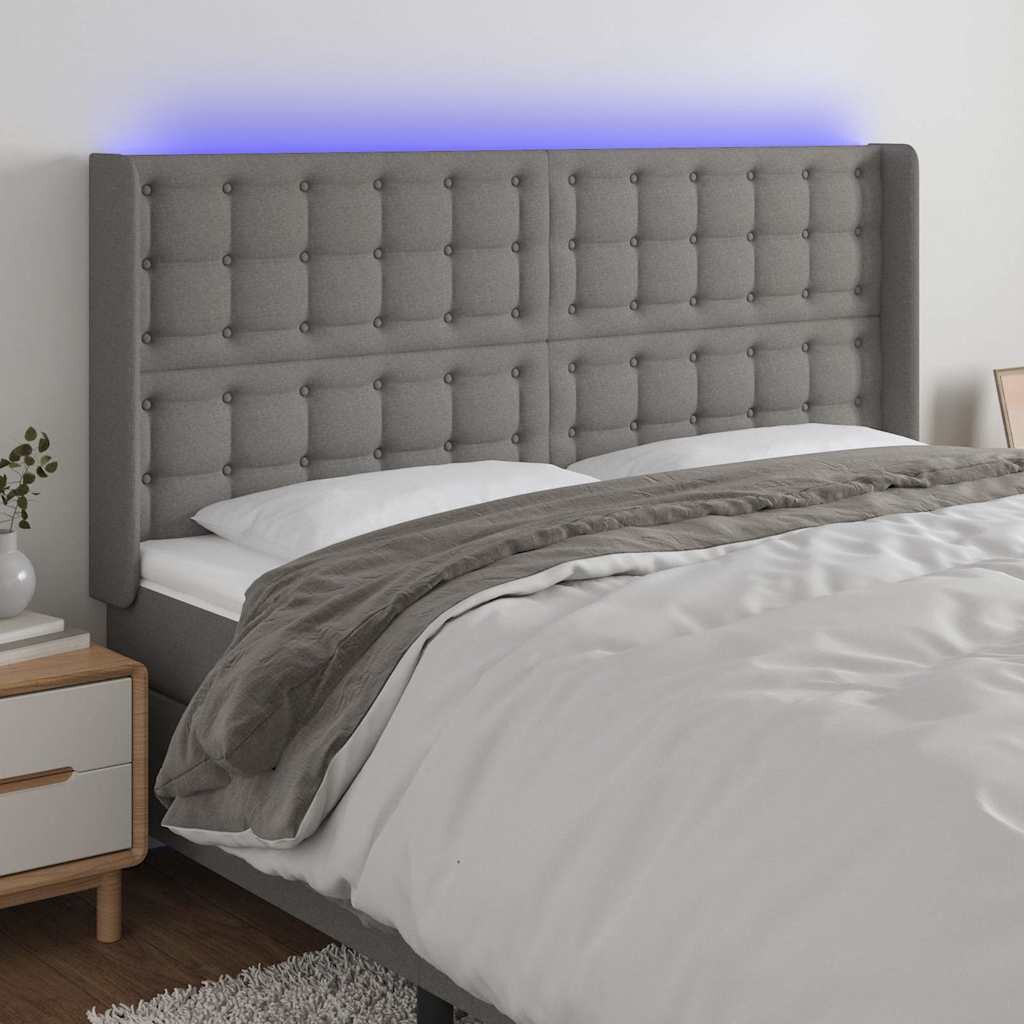 vidaXL LED горна табла за легло тъмносива 163x16x118/128 см плат