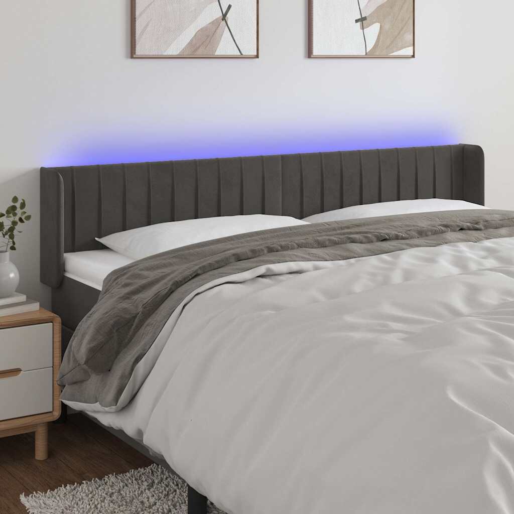 vidaXL LED горна табла за легло тъмносива 163x16x78/88 см кадифе