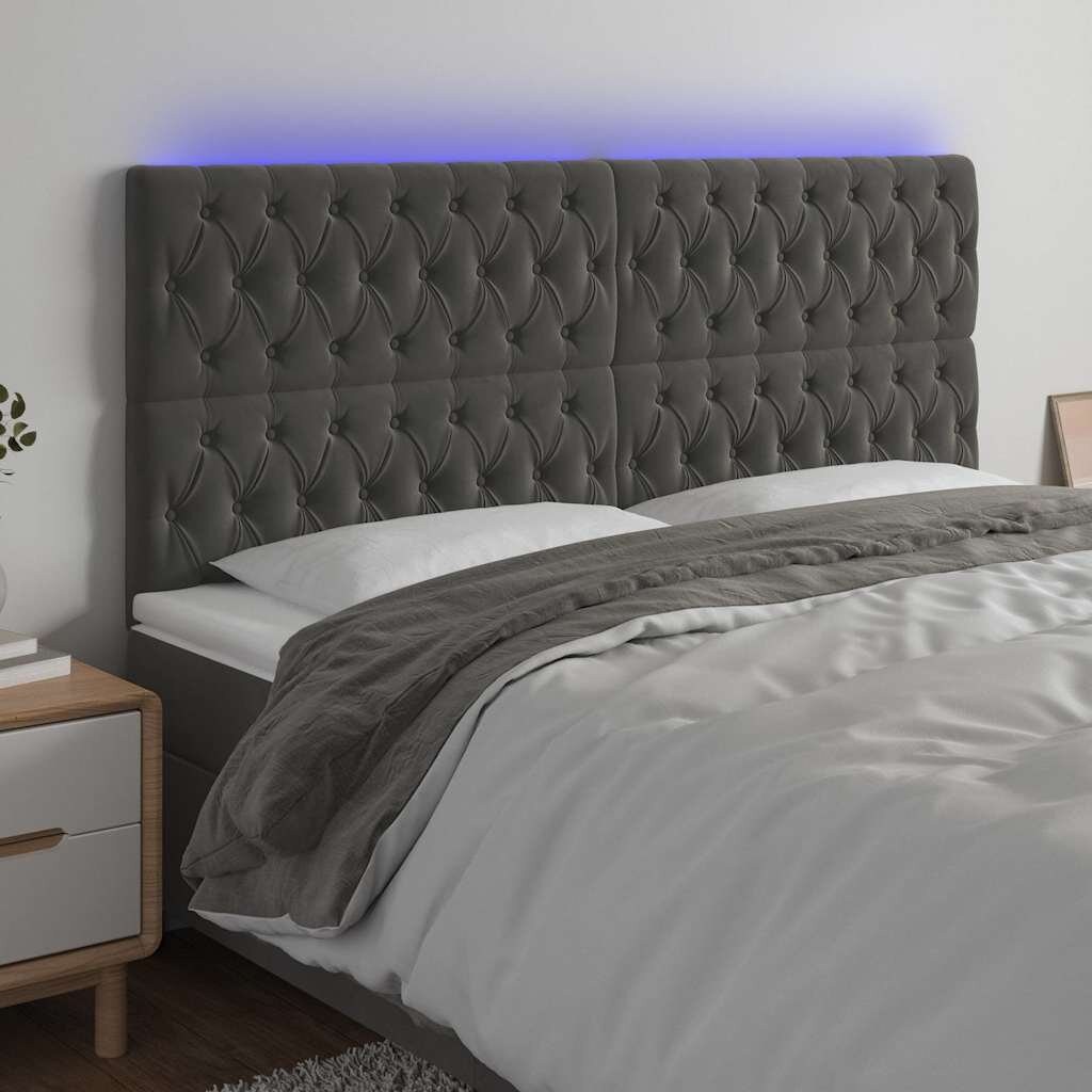vidaXL LED горна табла за легло тъмносива 180x7x118/128 см кадифе