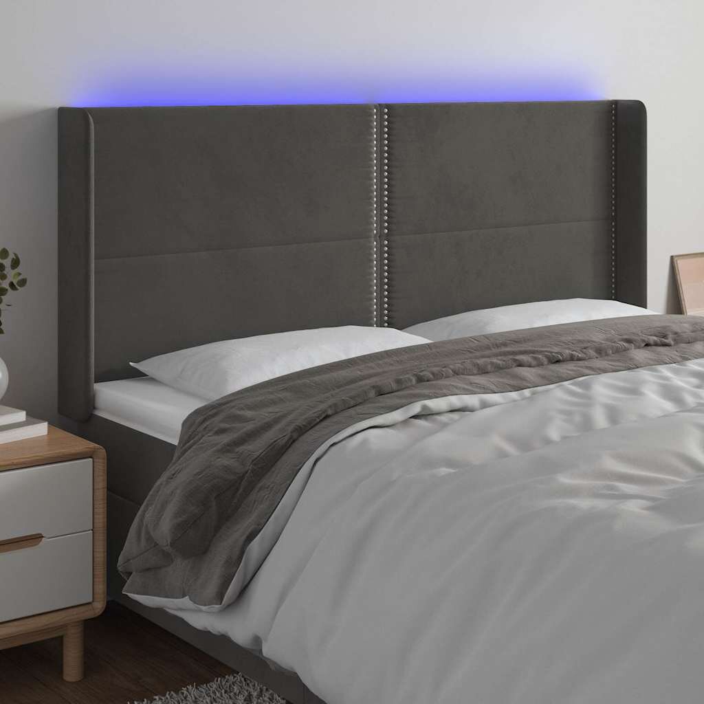 vidaXL LED горна табла за легло тъмносива 183x16x118/128 см кадифе